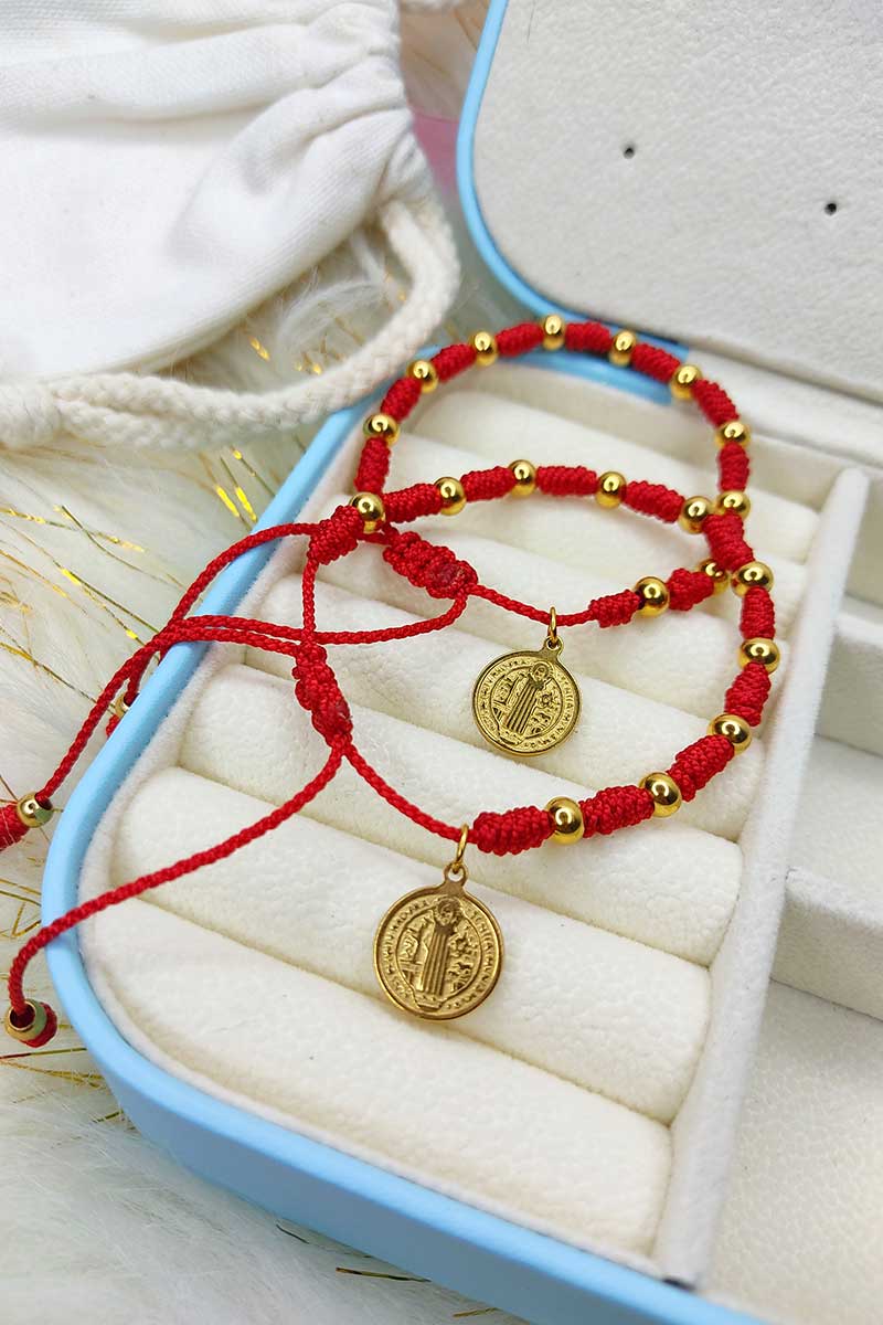 Pulsera 10 nudos rojo san benito balin #6 acero