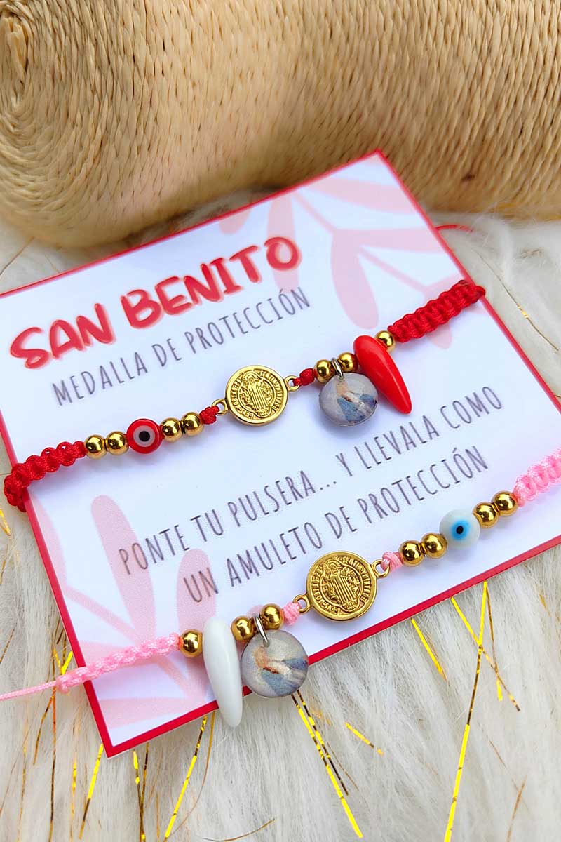 Pulsera bebe san benito, azabache, ojo turco rosada