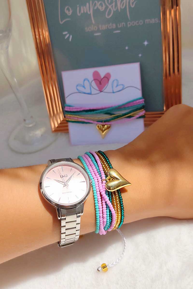 Pulsera 9 tiras rosa menta mate y brillante