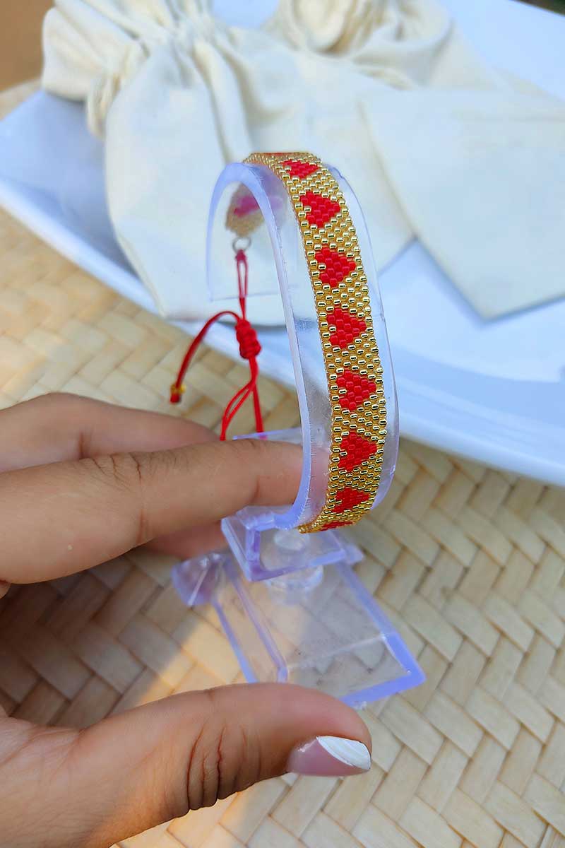 Pulsera peyote corazones dorado con rojo miyuki