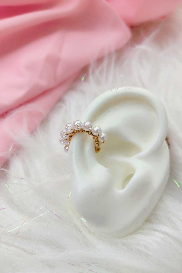 Earcuff perlas #4 tejido en bronce